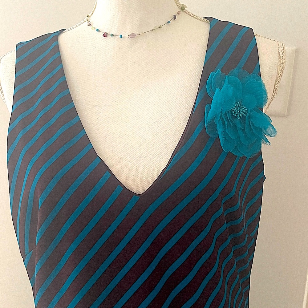 Laundry By Shelli Segal Teal and Black Striped Midi Dress NWOT